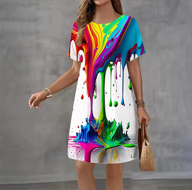 Fashion 3D Print Summer Dress Loose Casual Short Sleeve O-Neck Mini Dress