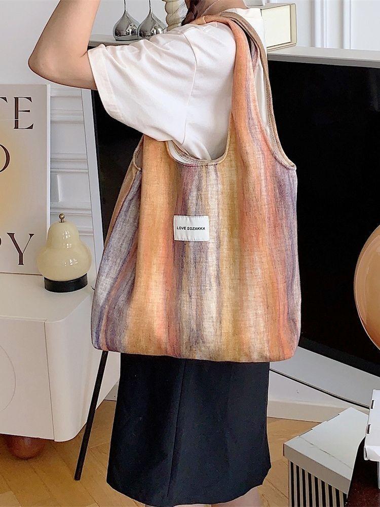 Stylish Woolen Striped Shoulder Tote Bag Trendy Canvas Bag For Students And Shopping