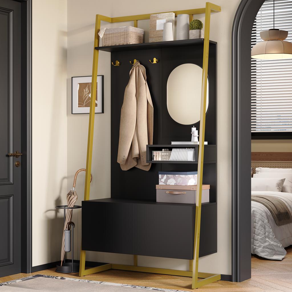 Modern Minimalist Compact Hallway Storage, Open Multifunctional Storage Cabinet with Mirror, Metal Hooks, Coat Rack with Shoe Bench,