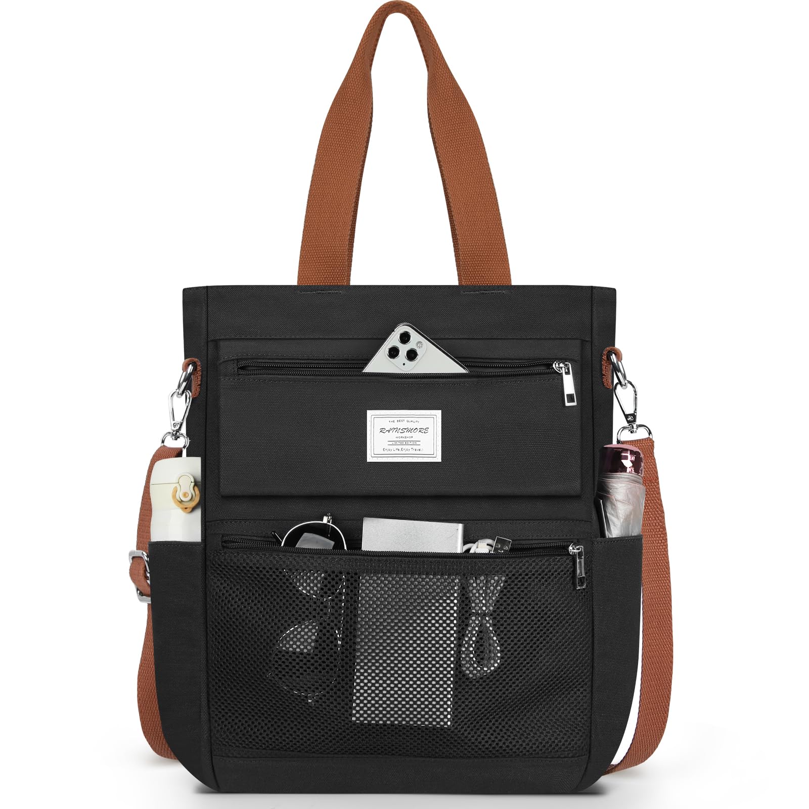 

Tote bag for women and large water 3 A4 shoulder with shoulder crossbody Black [RAINSMORE] men, capacity, canvas, unisex, 15.6 inches, repellent, чорний