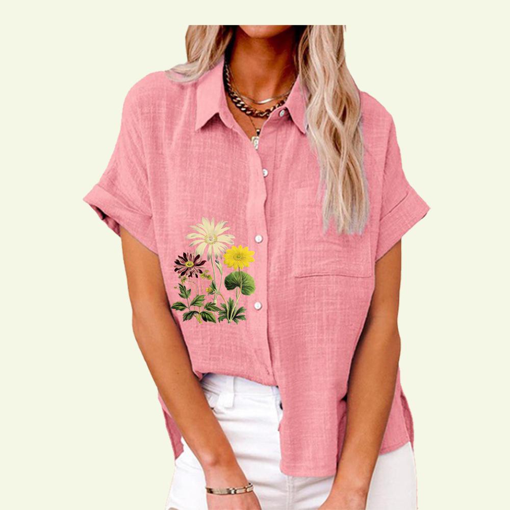 Fashion Lapel Collar Shirt for Women Summer&fall Floral Print Top with Pocket Loose Short Sleeve T-shirt Ladies Casual Linen Blouses