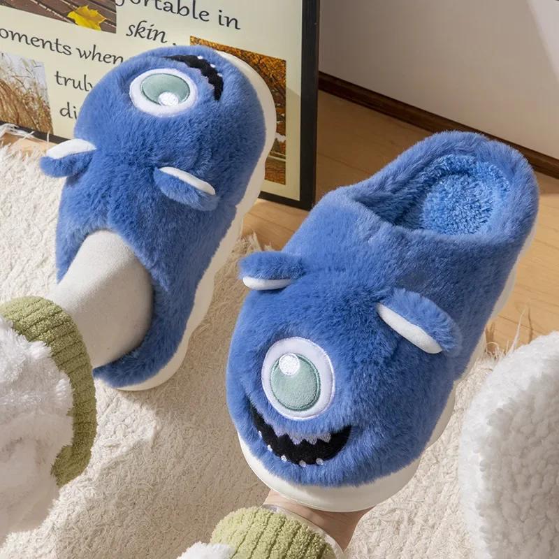 2024 Jesień/Zima Urocze Kapcie Bawełniane z Dużymi Oczami Pluszowe Ciepłe Kapcie Domowe Gruba Podeszwa Antypoślizgowe Kapcie dla Pary Wysokie Bawełniane Kapcie