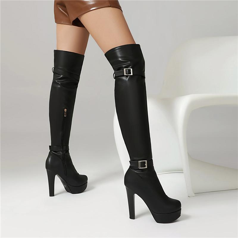 Women's High-heeled Boots, Sexy European and American Style Waterproof Platform Thick Heel Solid Color Large-size Knee Boots
