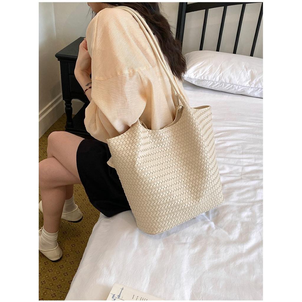 Tote Bag Women PU Woven Texture Large Capacity Office Daily Use