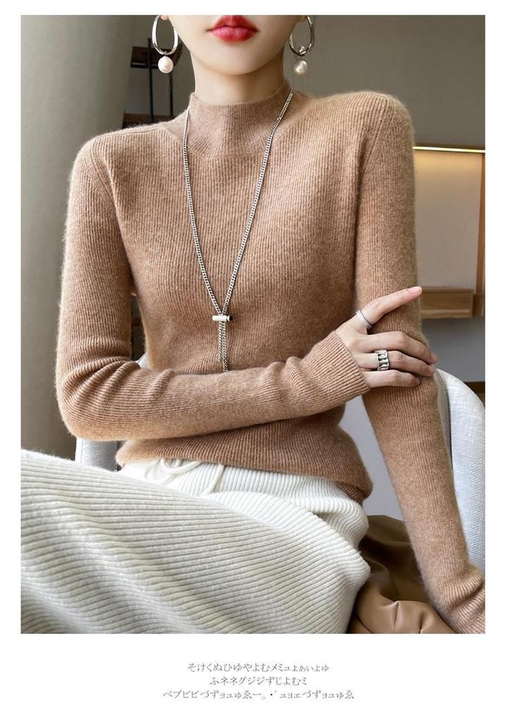 Women's 2024 Fall/Winter Cashmere Knit Base Layer: Long Sleeve, Warm, Slimming, Semi-High Neck, Versatile, Comfortable.