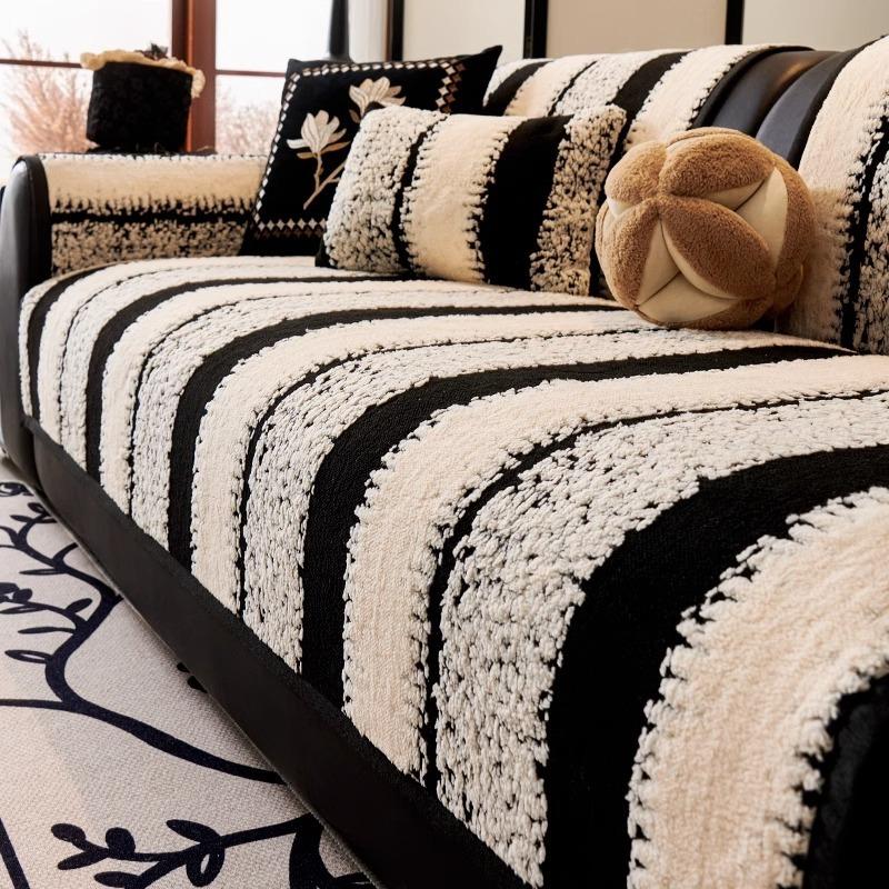 

Подушка для дивана из овечьей шерсти в полоску, осенне-зимний нескользящий плюшевый коврик для сиденья премиум-класса, универсальный мягкий чехол для полотенца для рук, пылезащитная подкладка для дома 70*180CM