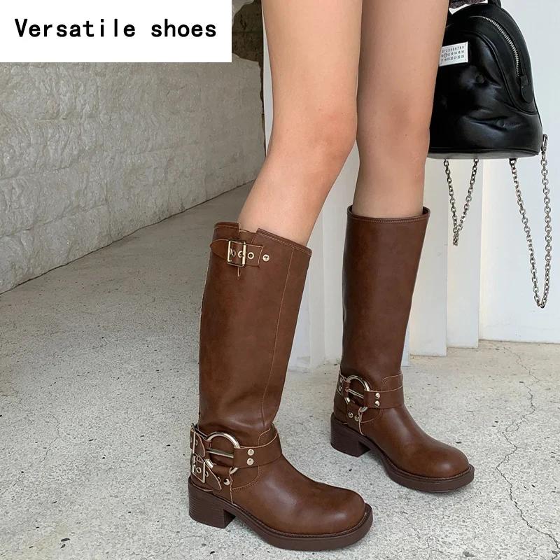New Autumn Winter Knee High Boots Women Fashion Ladies Belt Buckle Knight Long Boots Women's Biker Booties