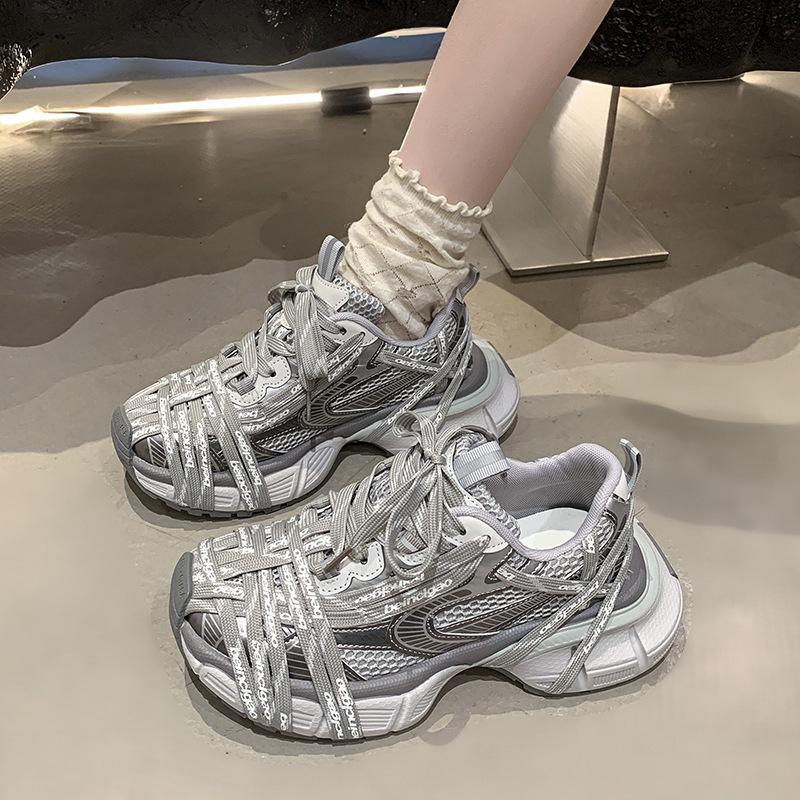 French Spider Woven Strap Letter Dad Shoes Girl 2025 Autumn New Models Old Thick-soled Mesh Breathable Sneakers