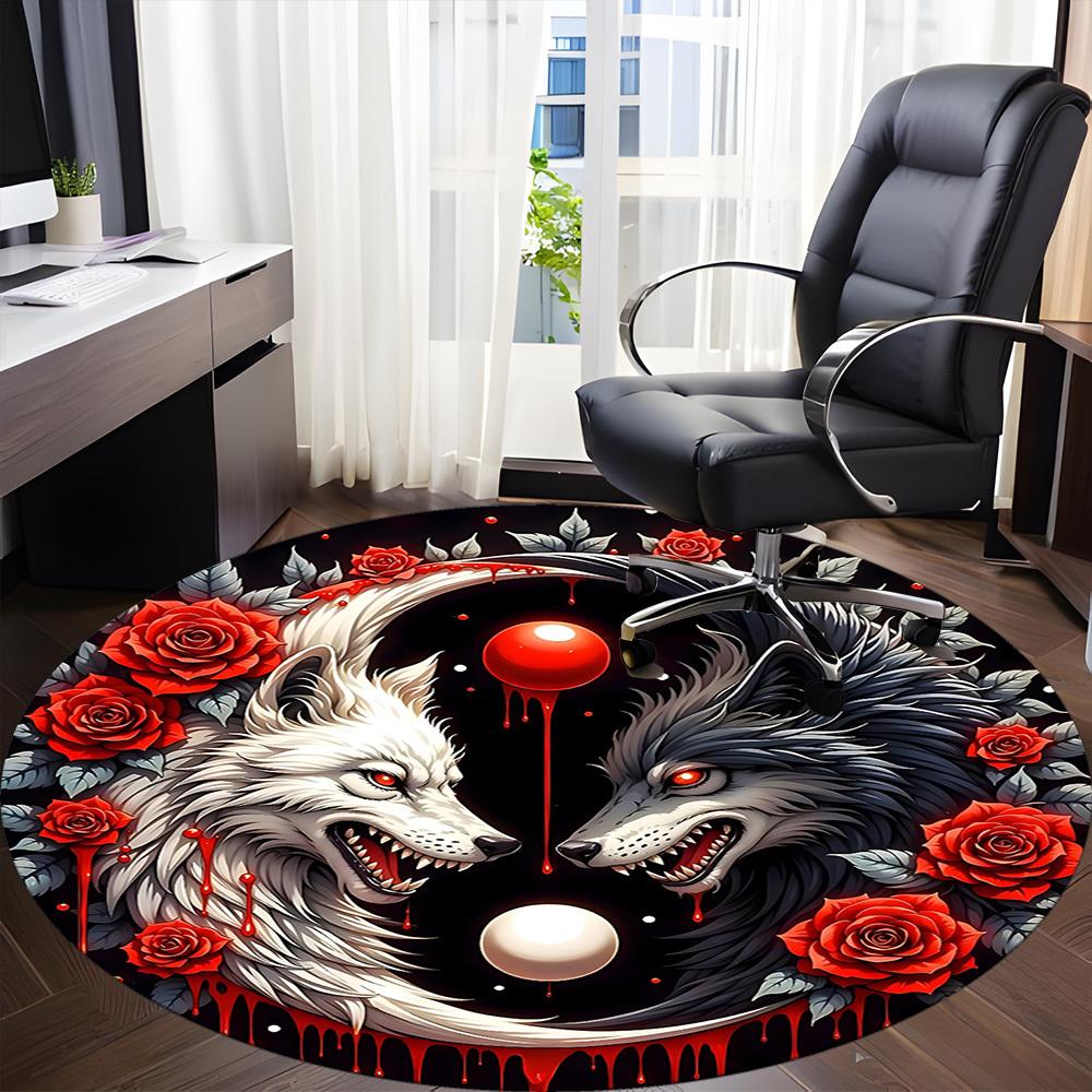 1PC Wolf Yin Yang Roses Design Office Round Rug, Non slip, Soft and Durable Office Rug for Interior Decoration, Perfect for Office