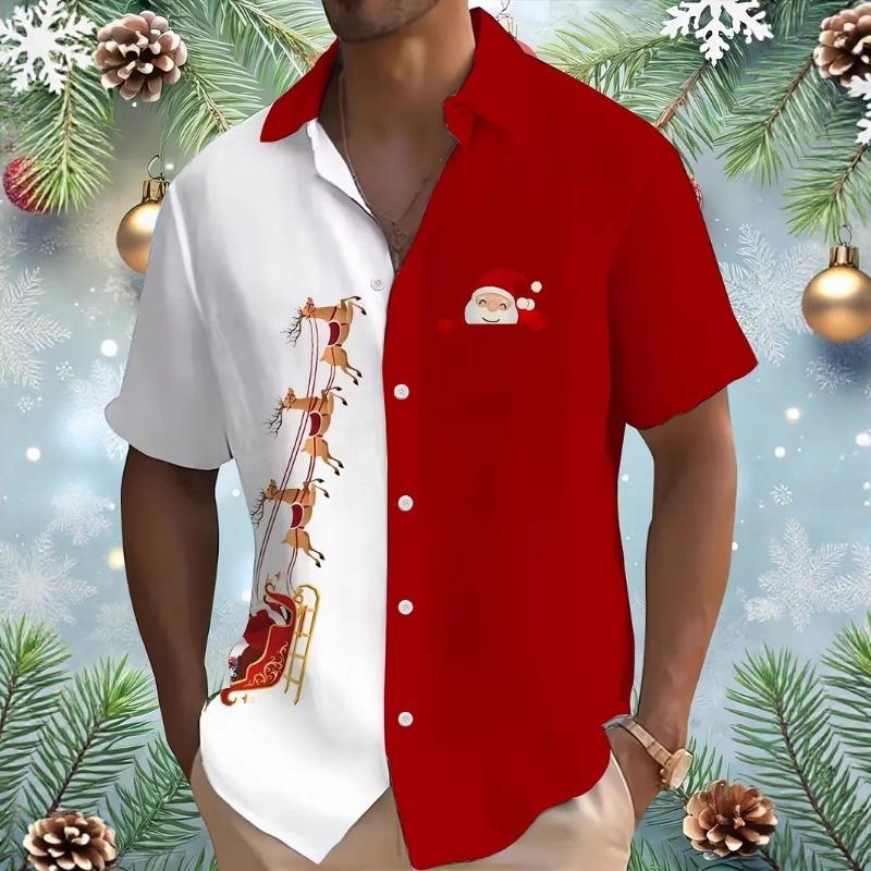 Autumn and Winter Men's Short Sleeved Shirt New Year's Christmas Pattern Digital Printed Shirt Top Men's Casual Shirt