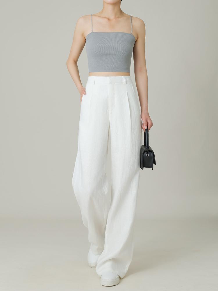 2026 Summer High-Waisted Wide-Leg Cotton Linen Pants White Casual Old Money Style Women