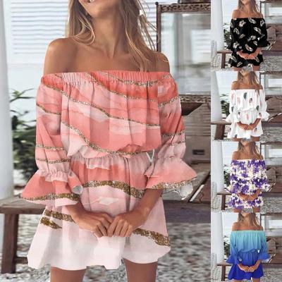 Vestido feminino casual sexy com um ombro, cintura média, estampado, manga plissada, linha A