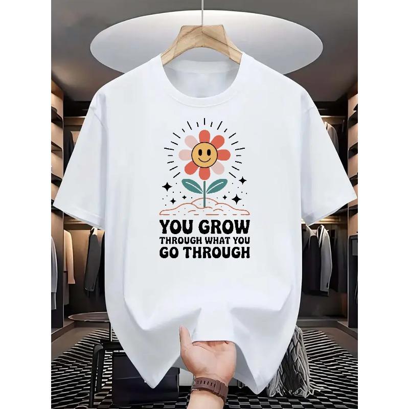 European sizes Men S Black T-Shirt With Inspirational Floral Design | You Grow Through What You Go Through Motivational Quote S белый