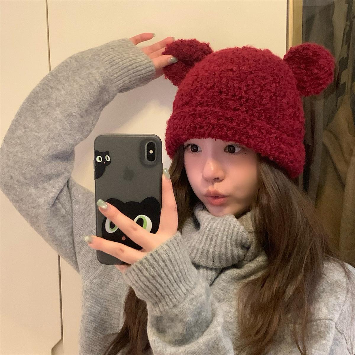 

Soft glutinous cute handmade ears bear hat women s autumn and winter warm curling ear protector wool hat M（56-58cm） чорний