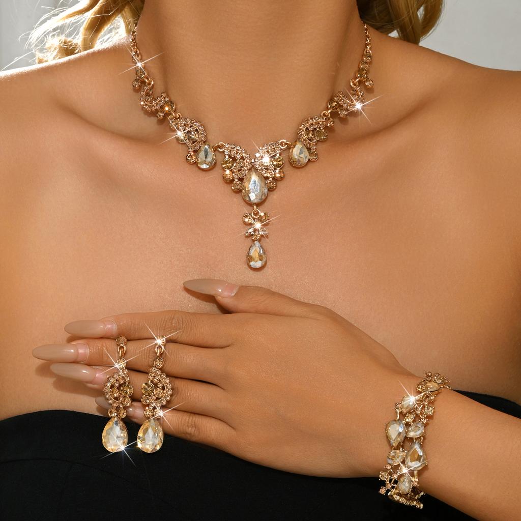 Luxury Red Crystal 3Pcs Jewelry Set Women's Gold Rhinestone Necklace Earrings Bracelet Bridal Wedding Party Accessories