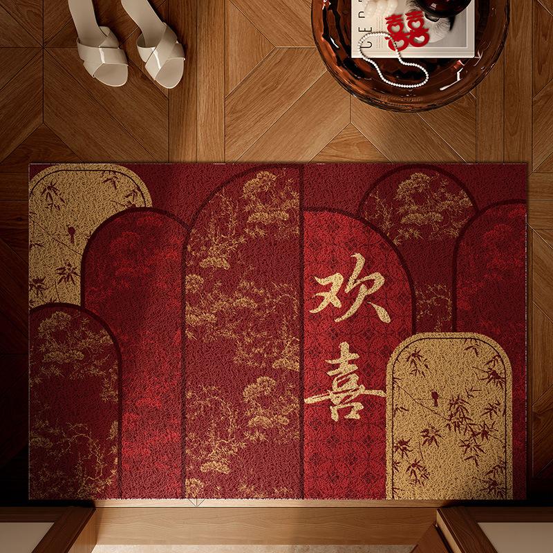 Wedding Entrance Door Floor Mat Red Festive Wedding Room Arrangement Foot Mat Entering The Door Rubbing Soil Silk Ring Door Mat Non-Slip Can Be Cut