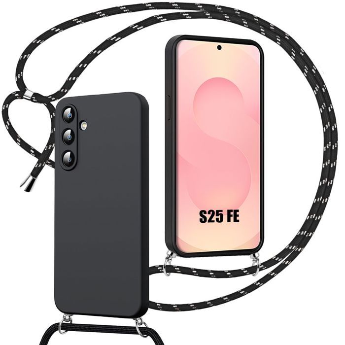 Coque pour Samsung Galaxy S25 FE, Silicone Souple Antichoc Anti-Rayure avec Bandoulière Noire