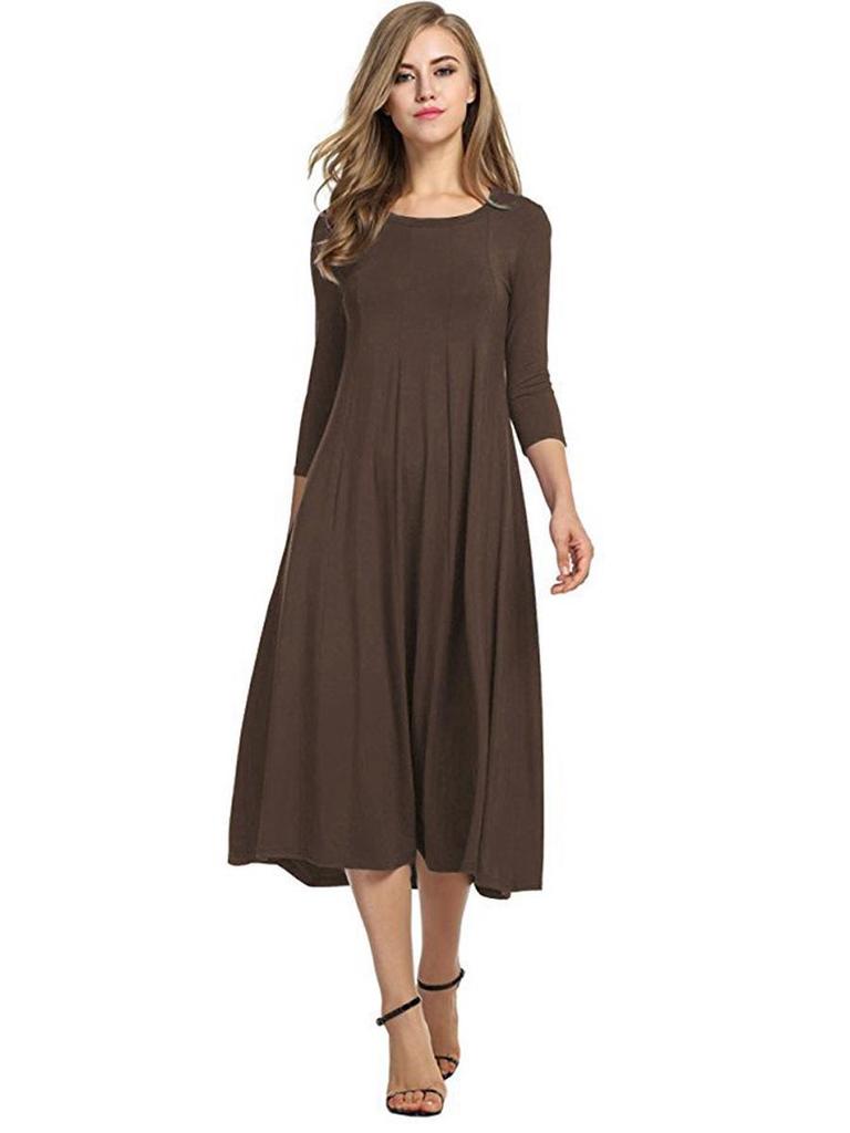 2024 Damen Sommer Mode Rundhals Mittellange Ärmel Einfarbig Großes Schwingkleid