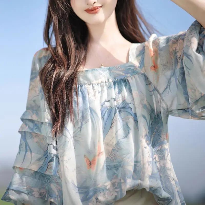 Sun Protection Shirt Light and Clear Printed Summer Seaweed New Butterfly Square Collar French Gentle Top