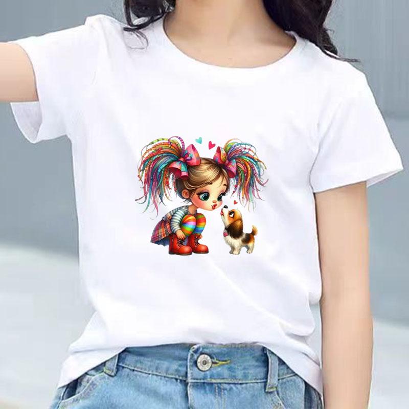 Kids Cotton T Shirt Rainbow Hair Girl Kissing Puppy Dog Print Crew Neck Short Sleeve Tee Casual Boys Girls Summer Tops
