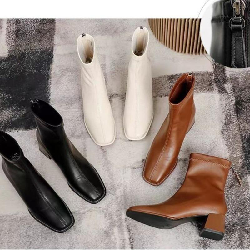 New Style Women's Thick Heel Medium Heels Boots Women's Winter Square Toe Back Zipper Increased Casual Short Boots Zapatos Mujer