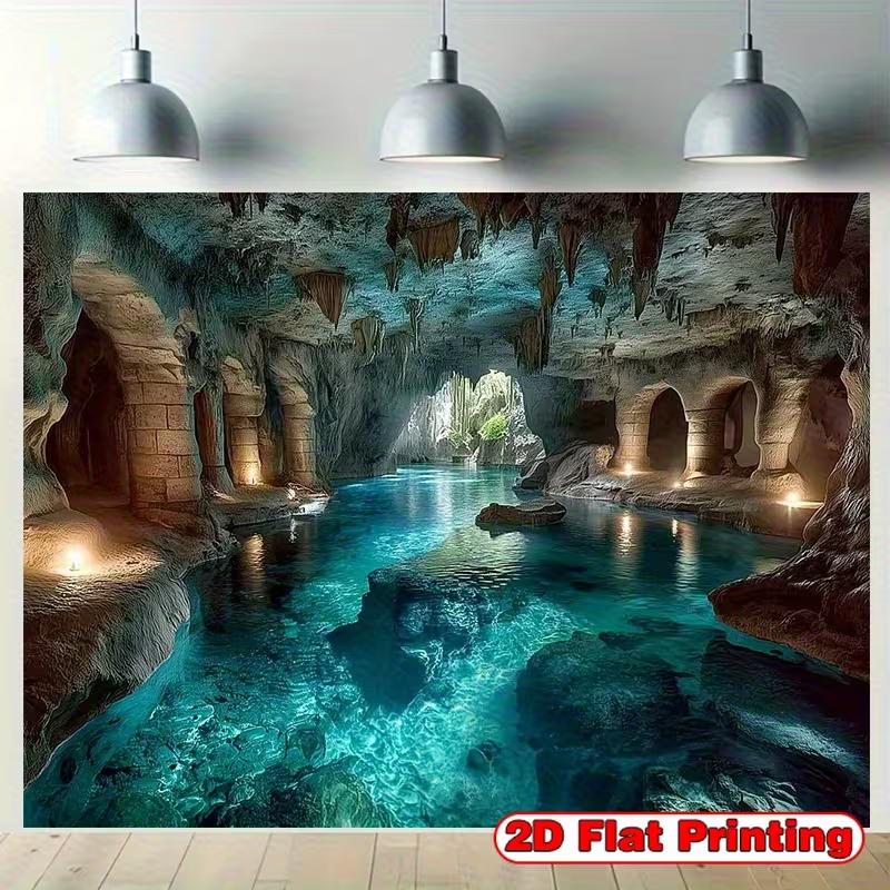 2D Crystal Clear Cave Water Tapestry Ancient Ruins & Stalactites Background Cloth
