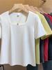 Plus Size French Style Square Neck Women's T-shirt - Tummy Concealing, Slimming Summer Short Sleeve Top