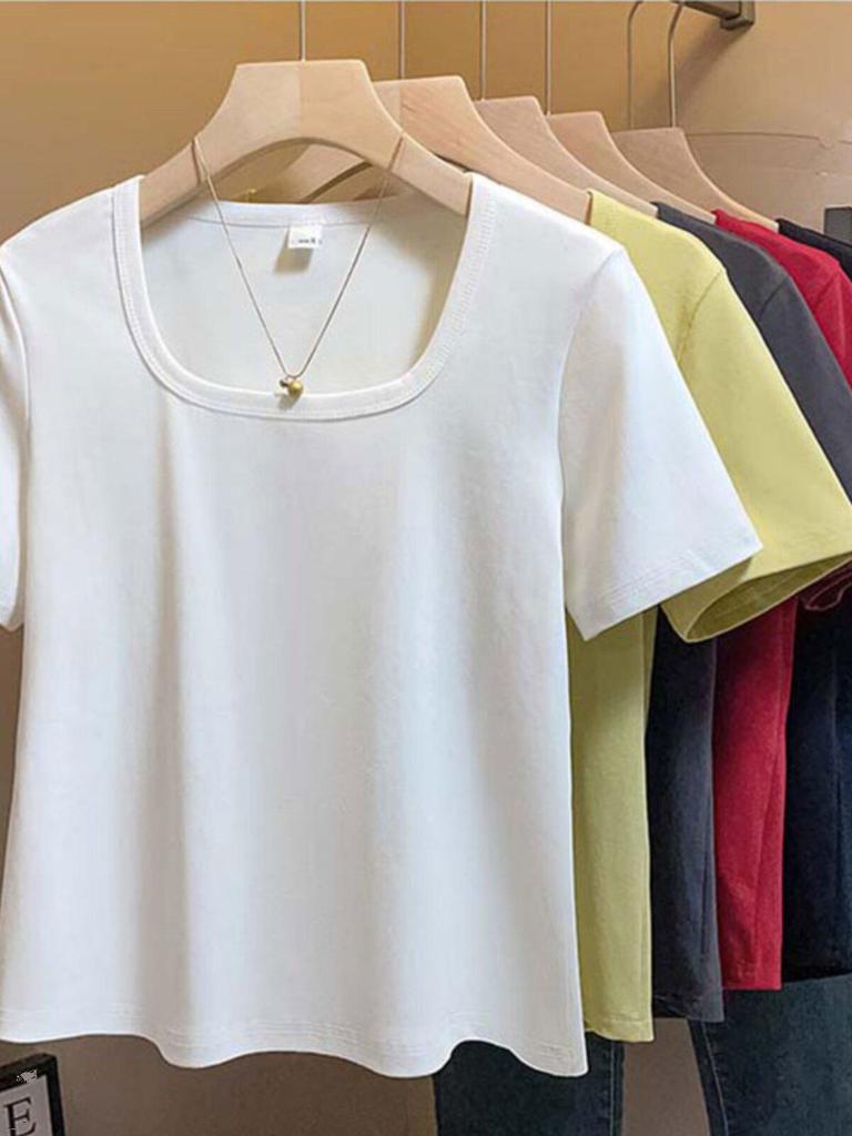Plus Size French Style Square Neck Women's T-shirt - Tummy Concealing, Slimming Summer Short Sleeve Top