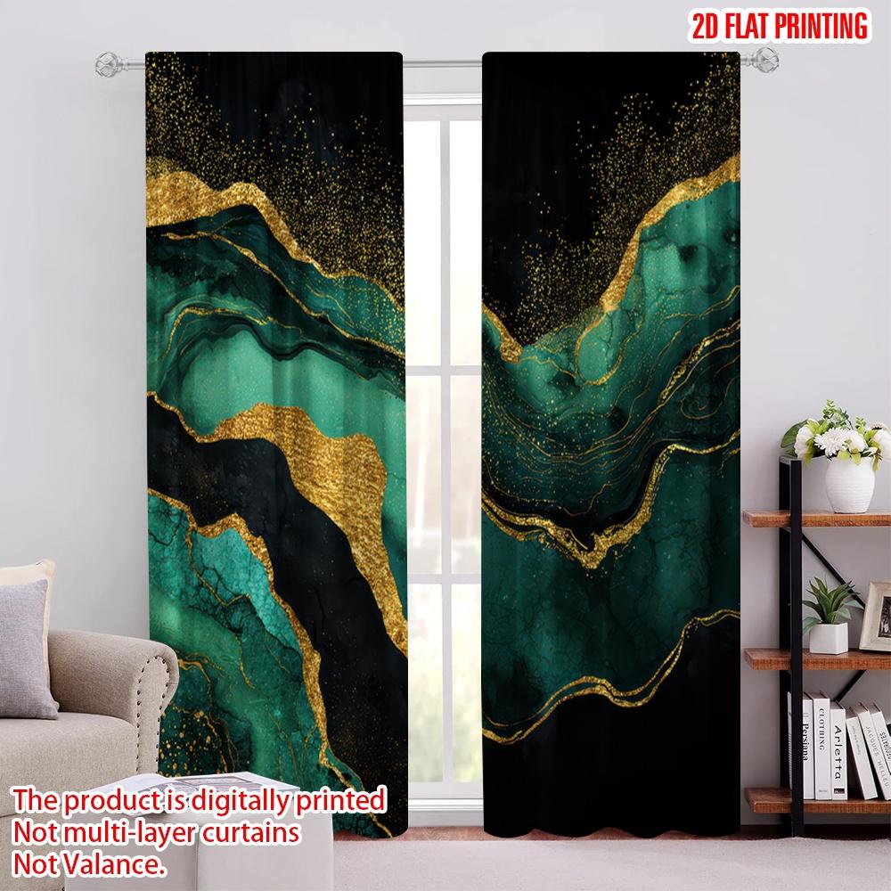 

Set Of 2 Flat Printing Party Curtains Emerald Gold Marble Texture Polyester Without Electricity Festive Holiday Use Home Wall Made W100*H70(CM)-Grommet top&2PCS