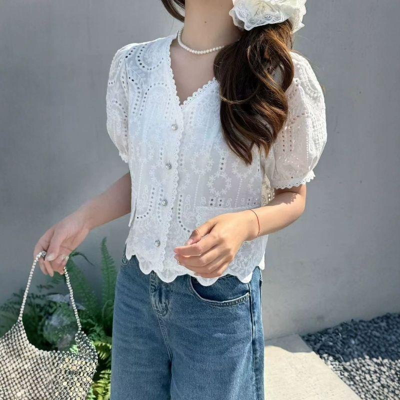 Women s V Neck Puff Short Sleeve Blouse Loose Fit Sweet Casual Top Hollow Embroidery Lace Polyester French Summer Daily Shirt S