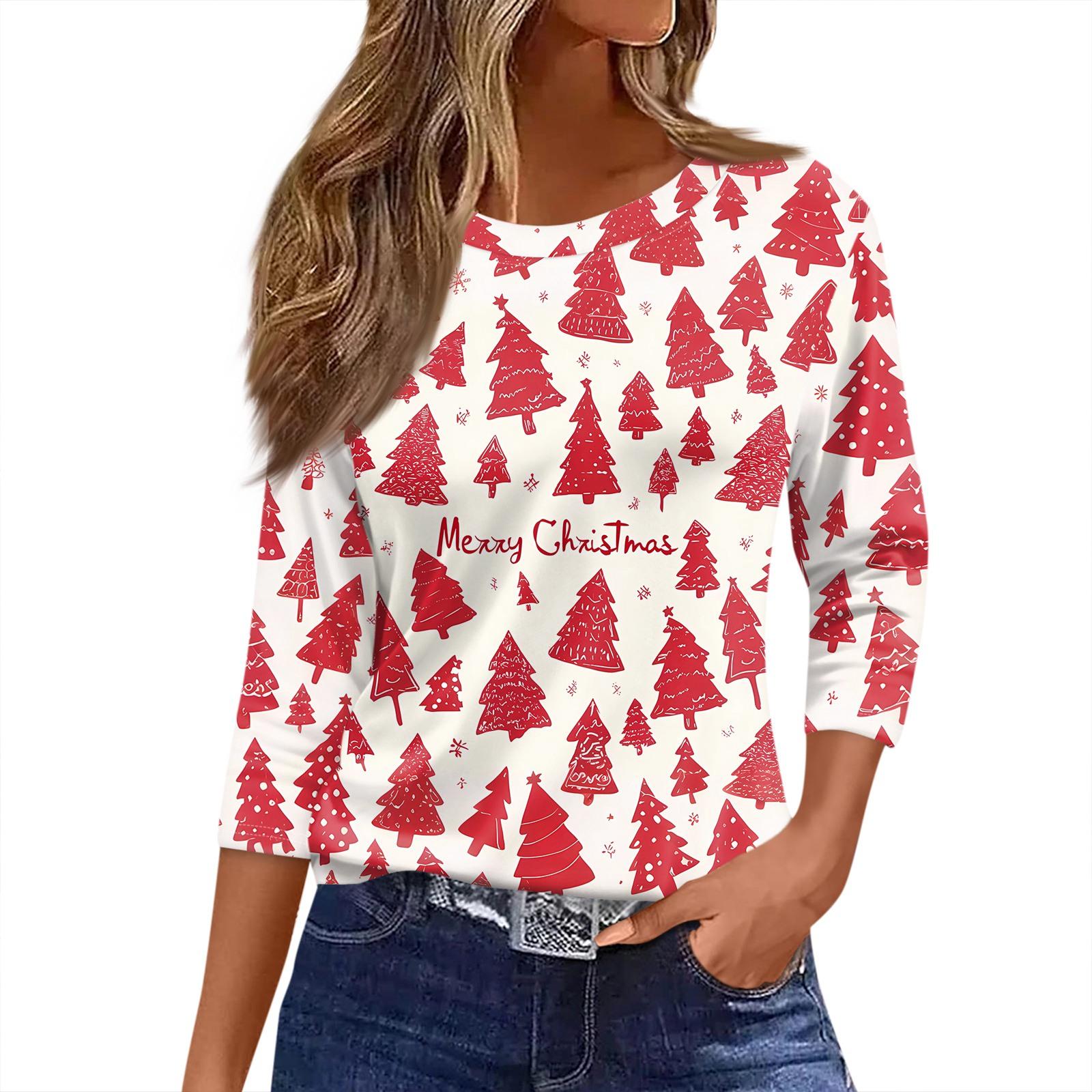 

Женская футболка с рождественским принтом, рукав 3/4, повседневная, модная, на выходные, базовая, с круглым вырезом, стандартный топ XL белый