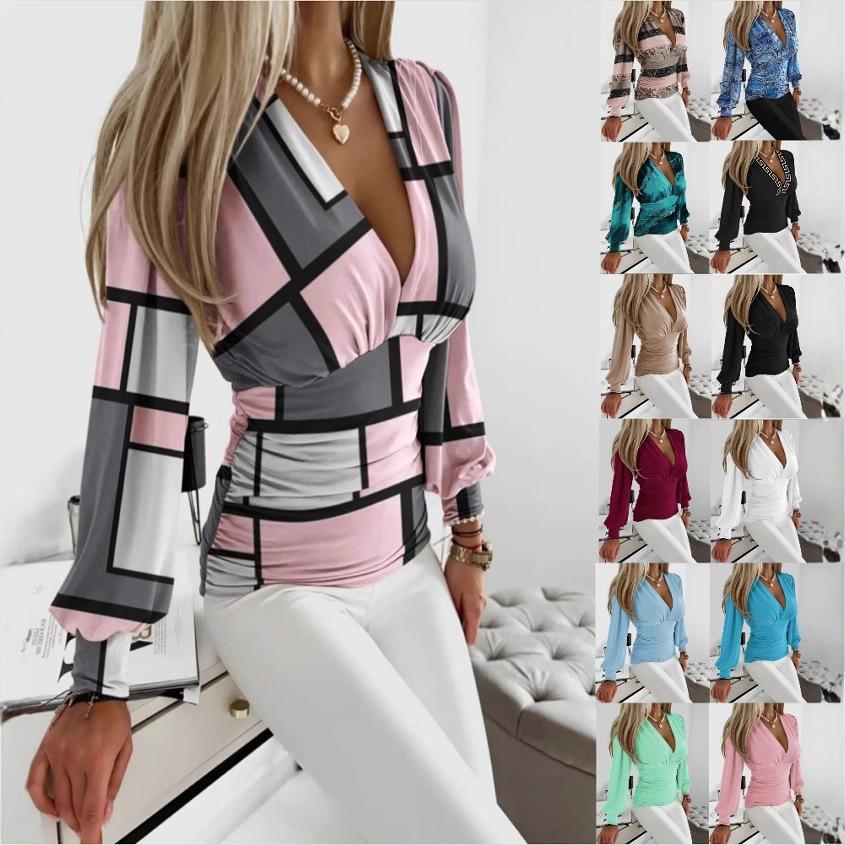 

Women s V-Neck Long Sleeve Blouse Geometric Print Stretchy Tops Casual Work Shirts Solid Color Basic Tunic S чорний