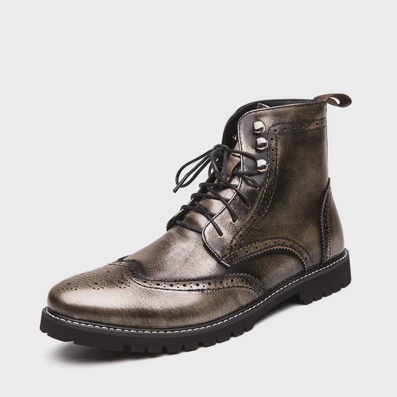 2020 Autumn/Winter Retro High-Top Leather Motorcycle Men's Boots, Casual Carved Design, Large Size