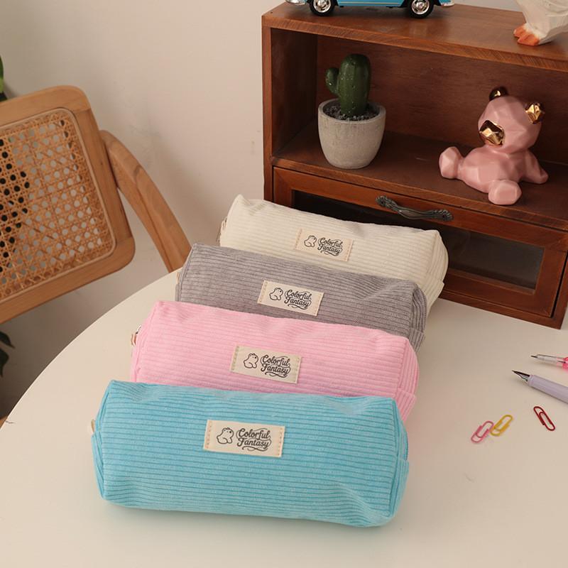 Pastel Corduroy Pen Bag With Slim Design For School And Office Use