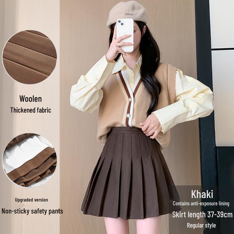 High-Waist A-Line Pleated Wool Skirt - Women's Autumn/Winter, Slim Fit, Plus Size, Korean Style, Short/Midi Length.