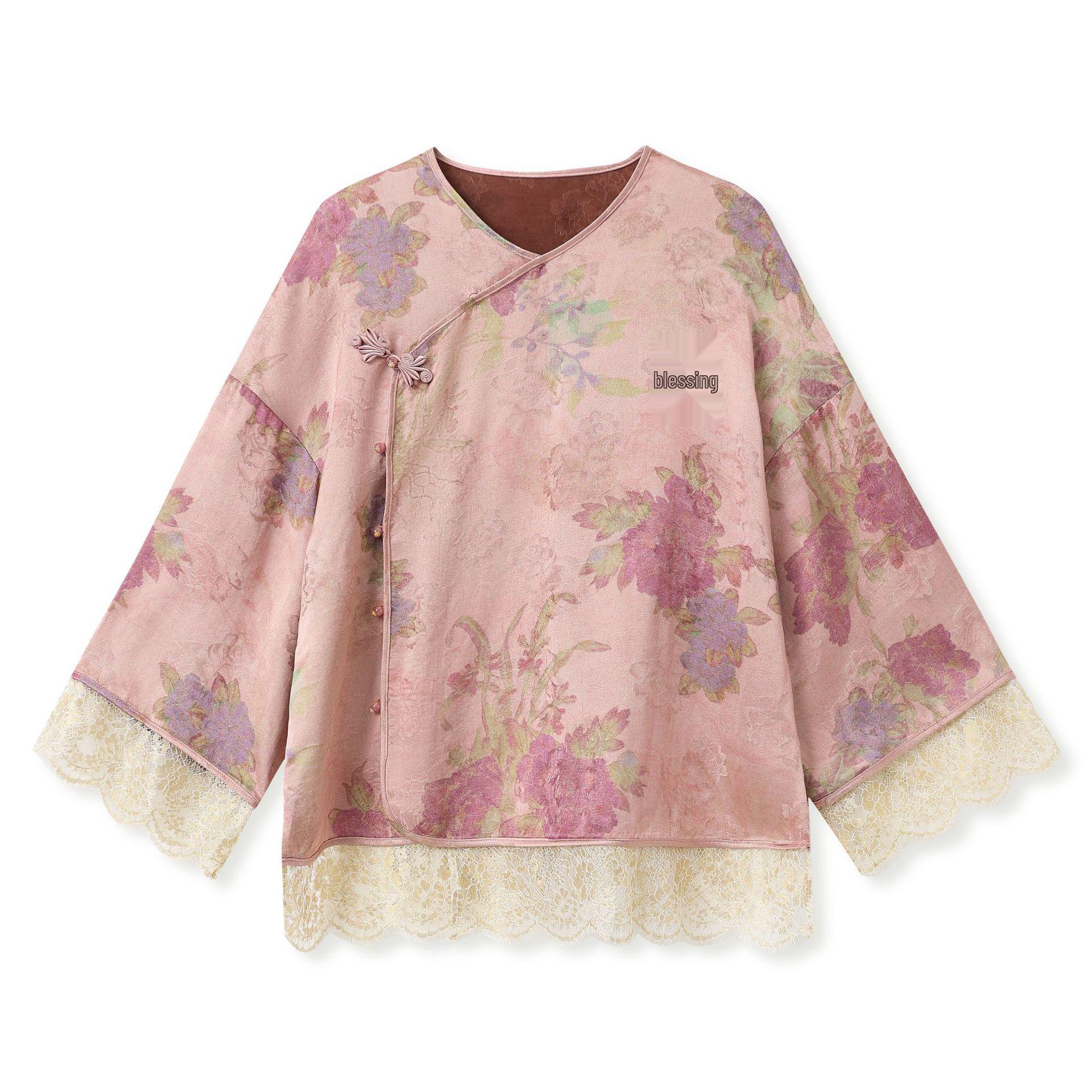 

Женская рубашка на лягушачьих пуговицах с кружевной отделкой - Длинный рукав, Легкая роскошь, Новый китайский стиль для начала осени 2025 (N6047)