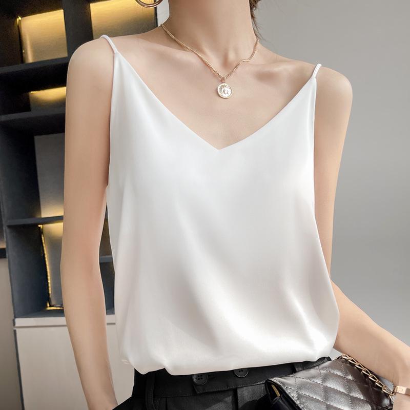 25 Summer Silk Slim-fit V-neck Camisole, Single Strap, Sleeveless, Solid Color, Versatile Imitation Silk Vest
