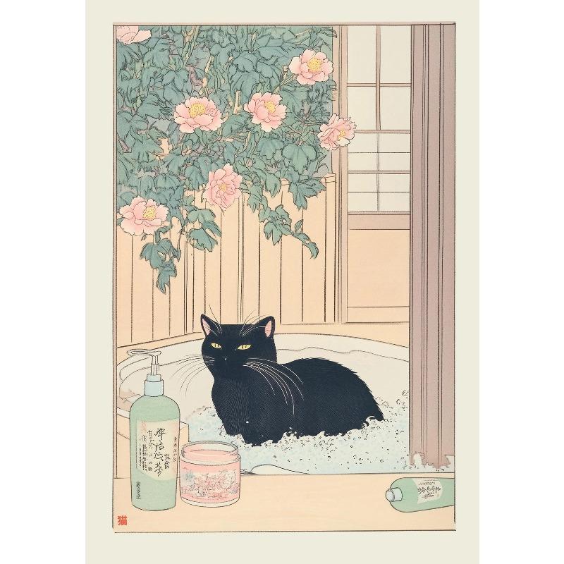 Gatto Tigrato Giapponese nella Vasca da Bagno Stampe Poster Pittura su Tela Estetica Retrò Arte da Parete Immagine Japandi Bagno Toilette Decorazione Casa