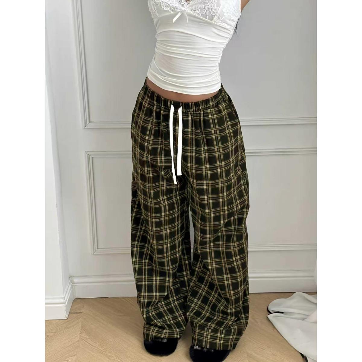 Women s American Vintage Colorblock Plaid Casual Pants, Loose Trendy Versatile Long Trousers For Spring Autumn XS