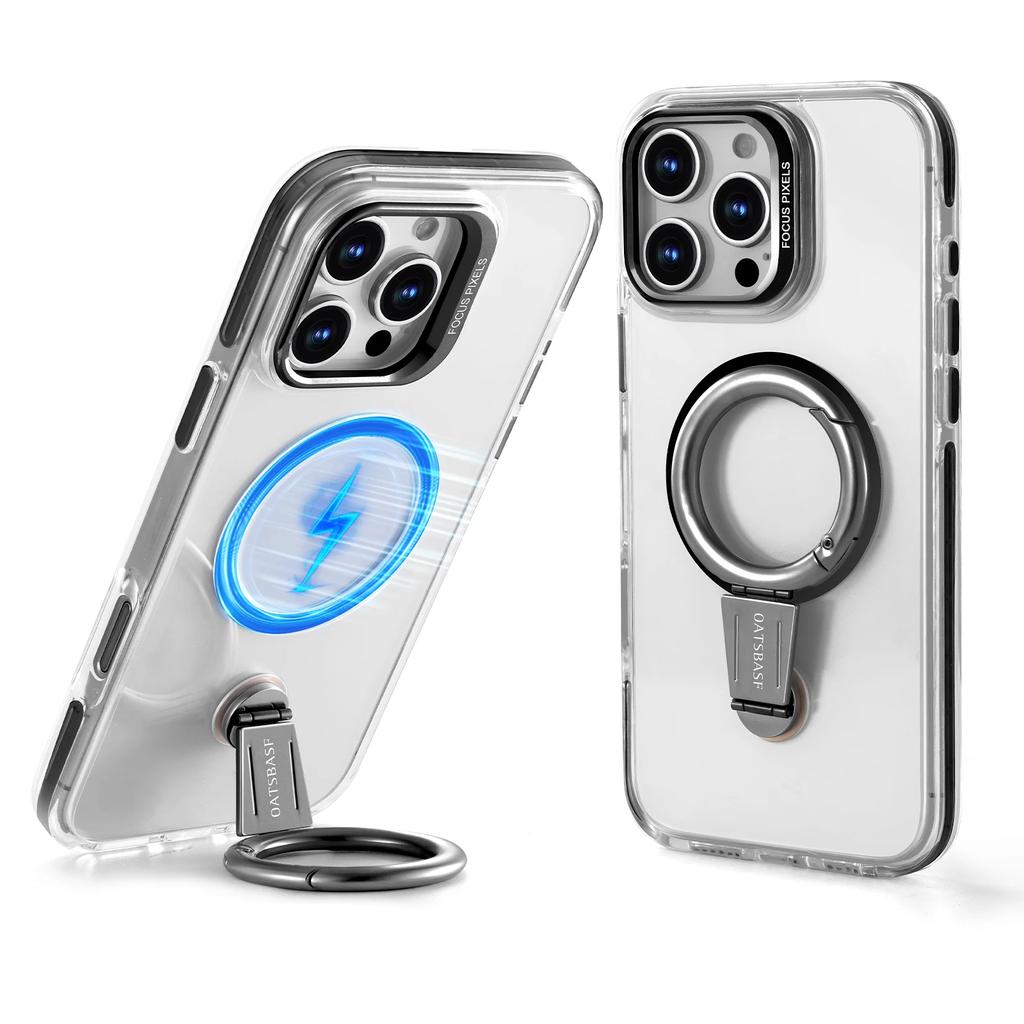 Oatsbasf Handyhülle für iPhone 16 15 Pro Max mit Magsafe 360° drehbarer magnetischer Ringständer Transparenter Stoßfänger Schutzhülle