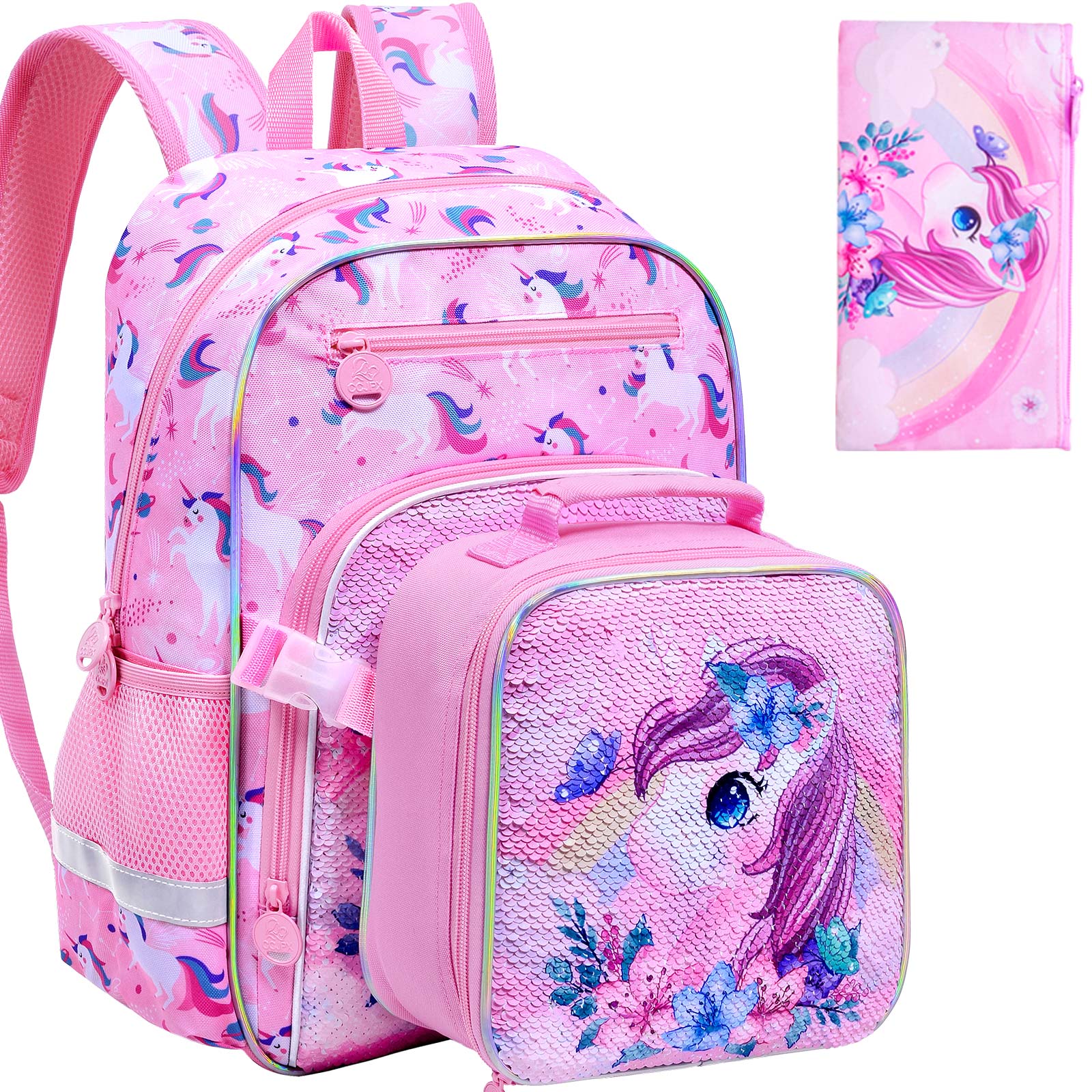 Sac à dos Licorne pour Filles, Ensemble 3 Pièces Sacs d'école à Sequins pour Enfants avec Boîte à Lunch à Clipser, Sac d'école pour Élémentaire Préscolaire Tout-petit