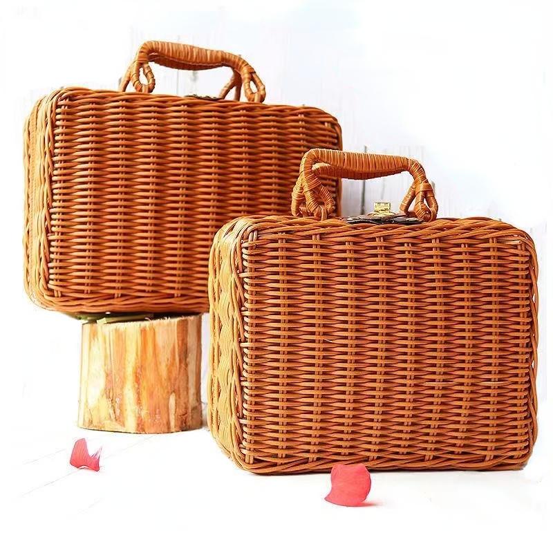 Cesti in PP Rattan Retrò Cesto da Picnic per Conservazione Valigia in Rattan con Manico Scatola Regalo Cesto Intrecciato per Cosmetici Organizzazione Conservazione