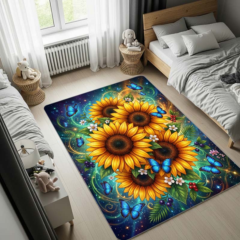 Sunflower Area Rug with Blue Stardust and Butterflies, Magical Galaxy Large Carpet for Bedroom Living Room Home Decor, Soft Floor Mat