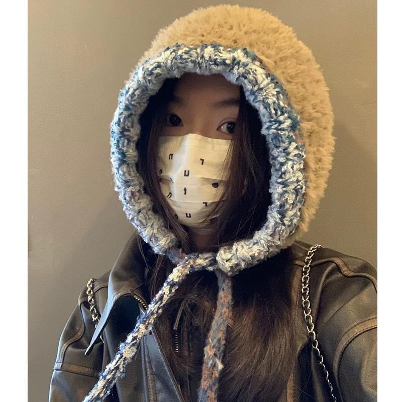 New Plush Hat Women's Autumn and Winter Warm Ear Protection Wool Hat Shows a Small Face Knitted Hat Bag Dual-purpose
