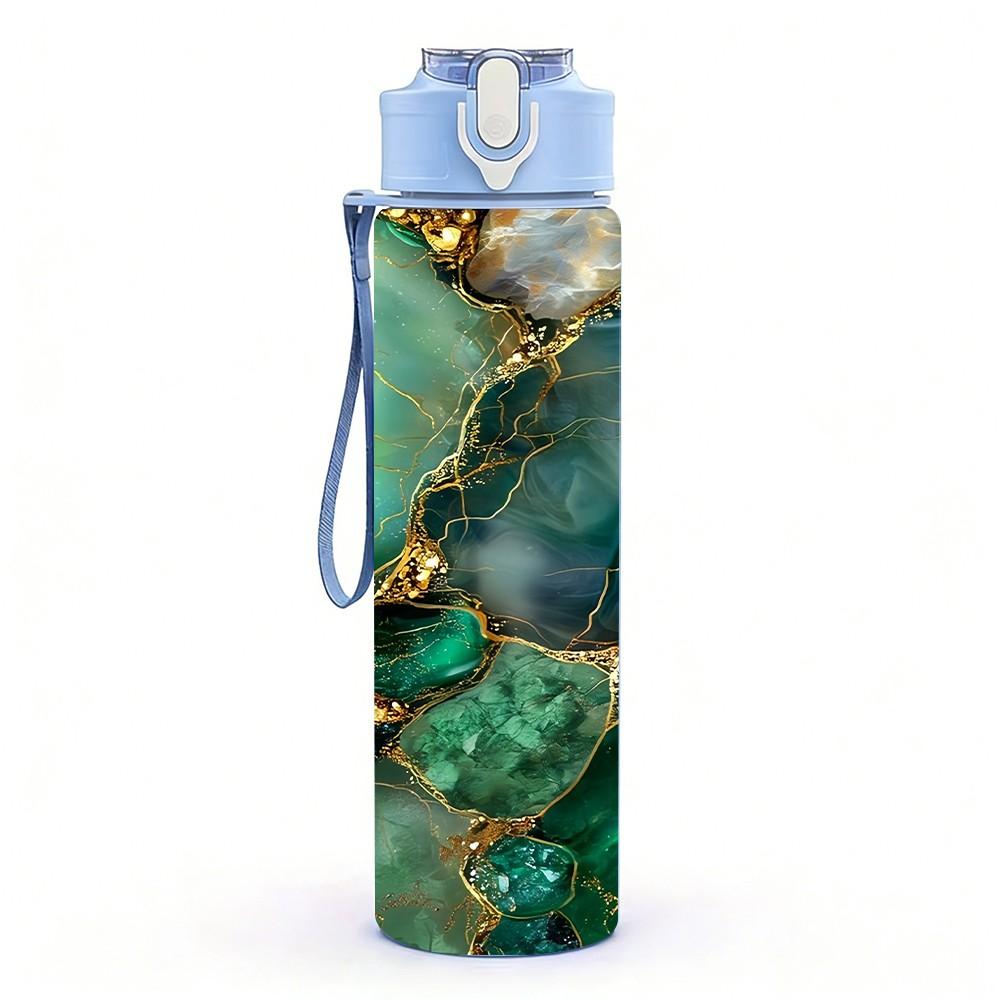 1PC Green Gemstone Gold Marble Pattern 750ml Color Plastic Sports Water Bottle Leakproof Flip Straw Lid Suitable for Sports Office Home Use