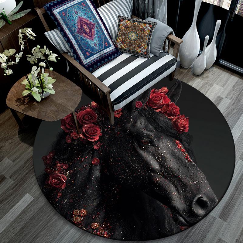 Schwarzes Pferd Runder Teppich, Teppich für Wohnzimmer Schlafzimmer Sofa Spielzimmer Dekor, Rutschfeste Fußmatte