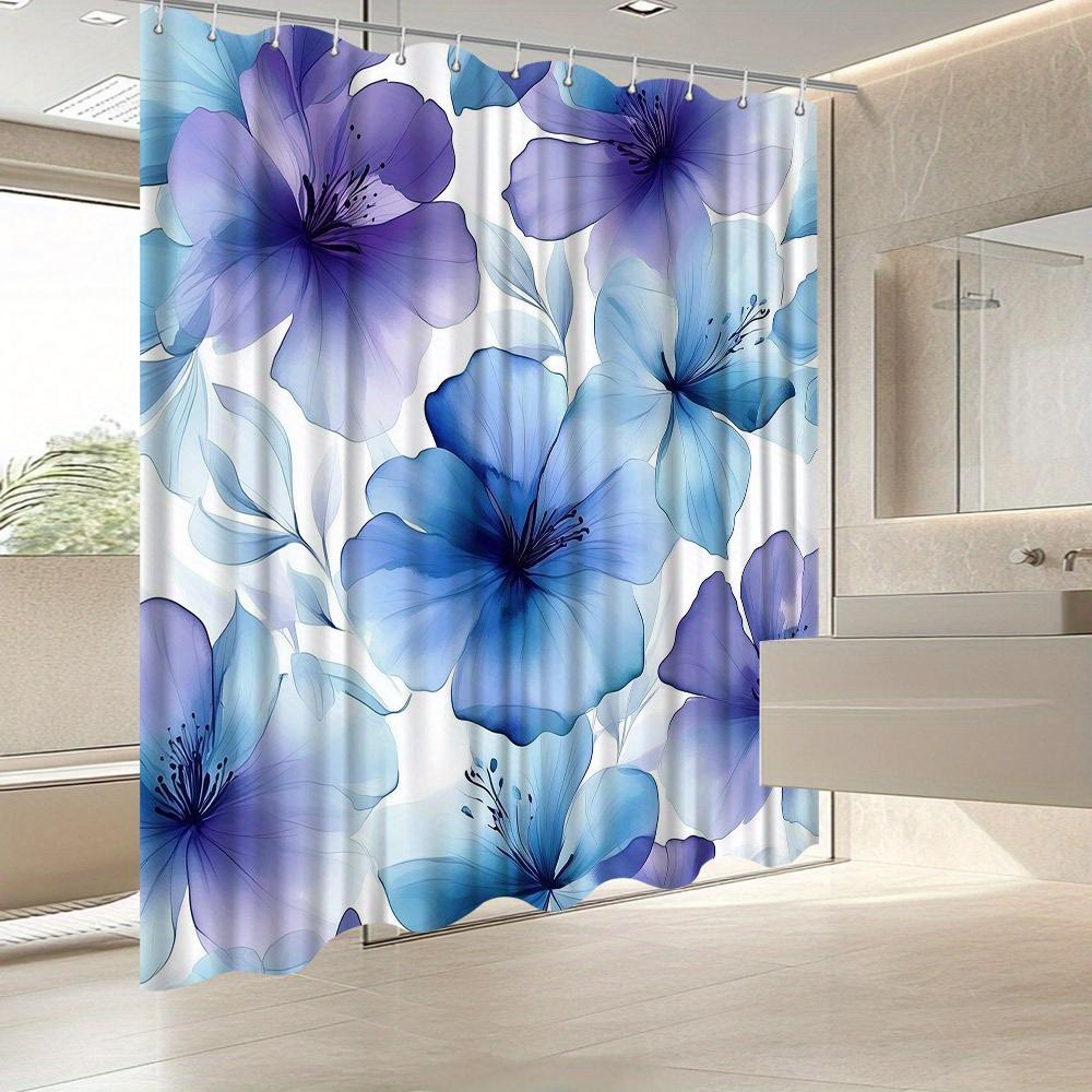 Watercolor Floral Shower Curtain – Purple & Blue Gradient Flowers, 70X70In, Fade-Resistant, Machine Washable, Includes Hooks