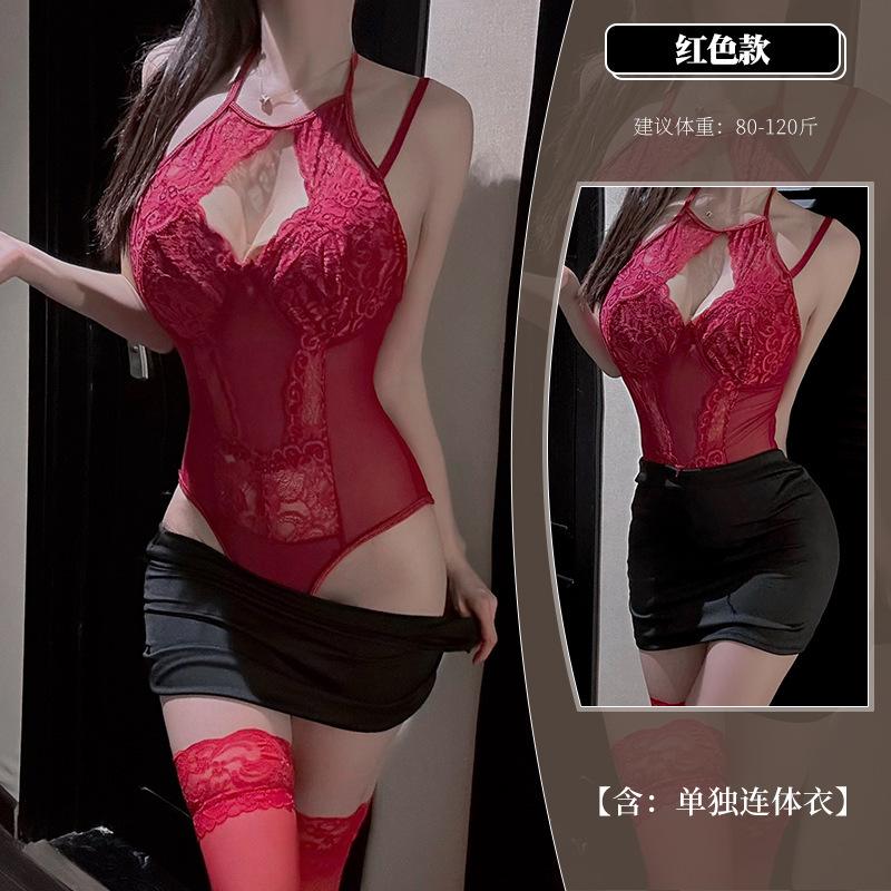 Sexy lingerie women's neck sling onesie empty pure lace splicing slim fit free suit