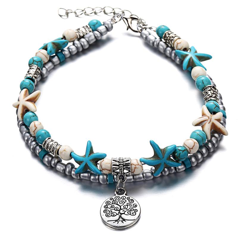 Bohemian Multi-layer Starfish Turtle Anklets For Women Vintage Elephant Owl Beads Chain on Leg Ankle Bracelet Beach Jewelry