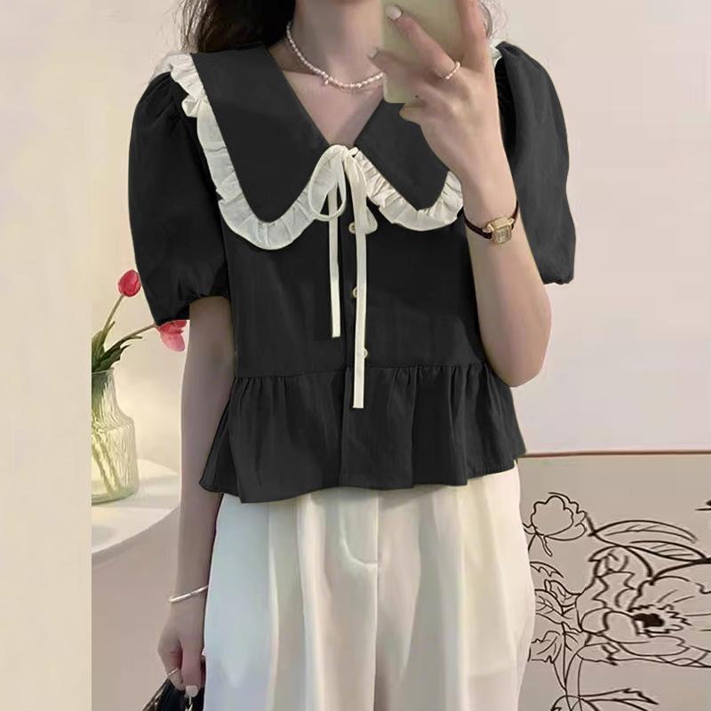

VONDA Women Doll Collar Short Puff Sleeve Ruffled Stitching Casual Tops Blouse 3XL чёрный
